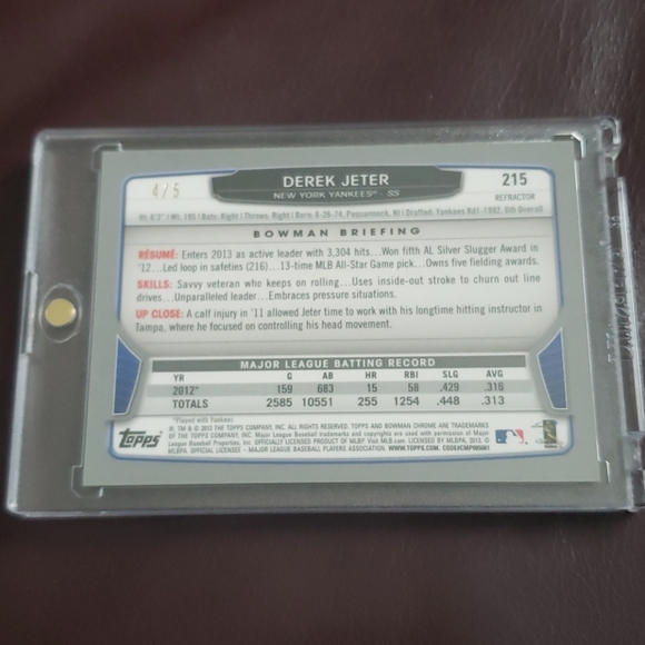 2013 Derek Jeter 2013 Bowman Chrome Card 215 Red - Picture 2 of 3